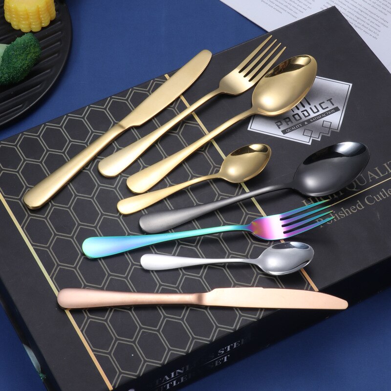 24PCS Western Kitchen Dinnerware Stainless Steel Cutlery Steak Knives Forks Dessert Spoon Tableware Set Box Party Wedding