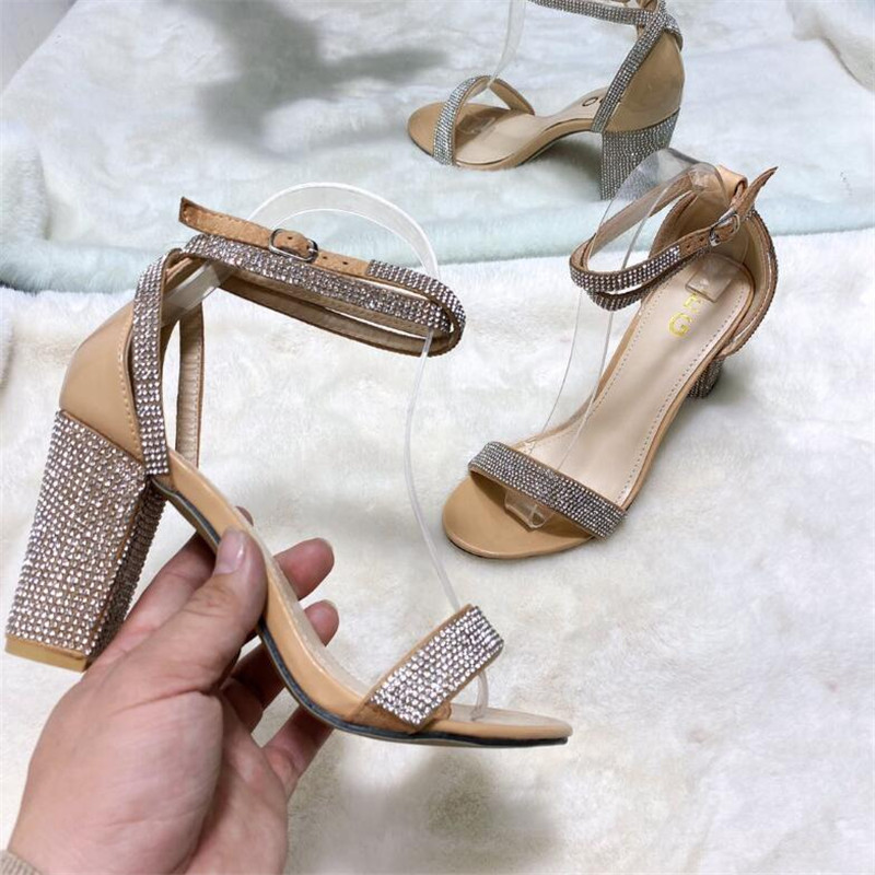 Strass dam sandaler fyrkantigt högt ankelskydd häl rund tå kontor dansspänne rem festklackar silver sandaler
