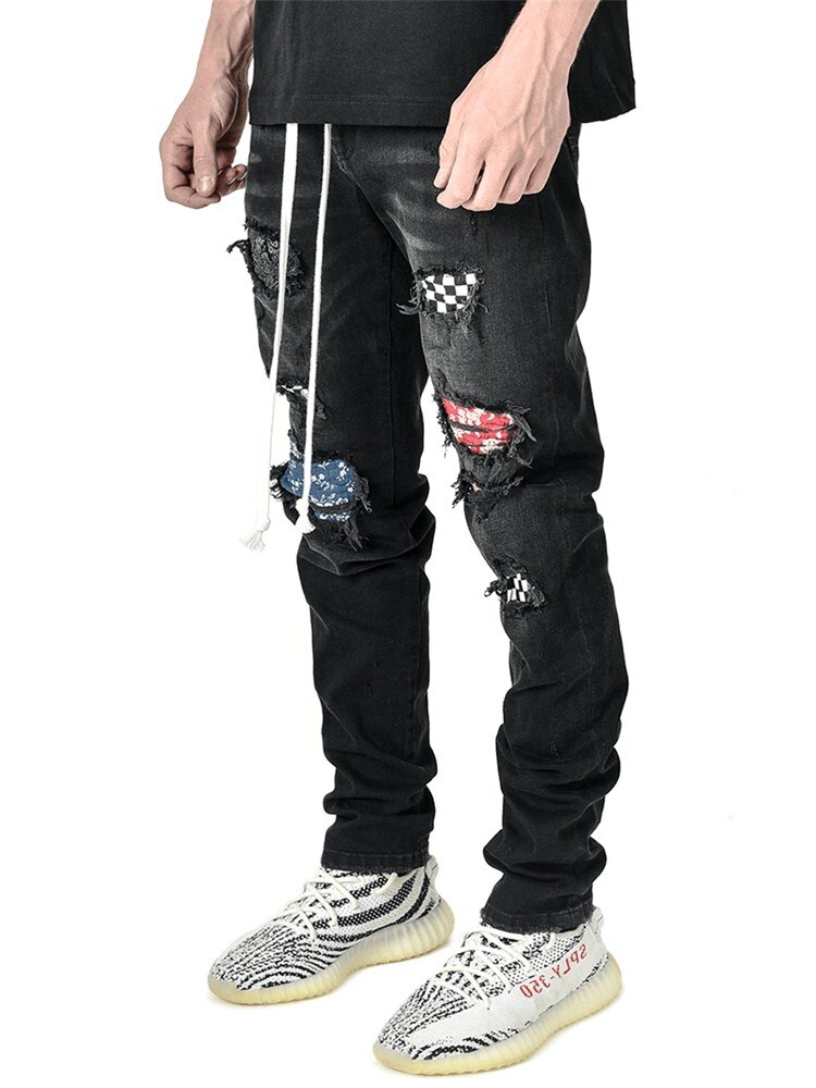 Pantalones vaqueros rasgados para hombre, pitillos ajustados con agujeros para motocicleta, Jeans Retro de retales para Calle