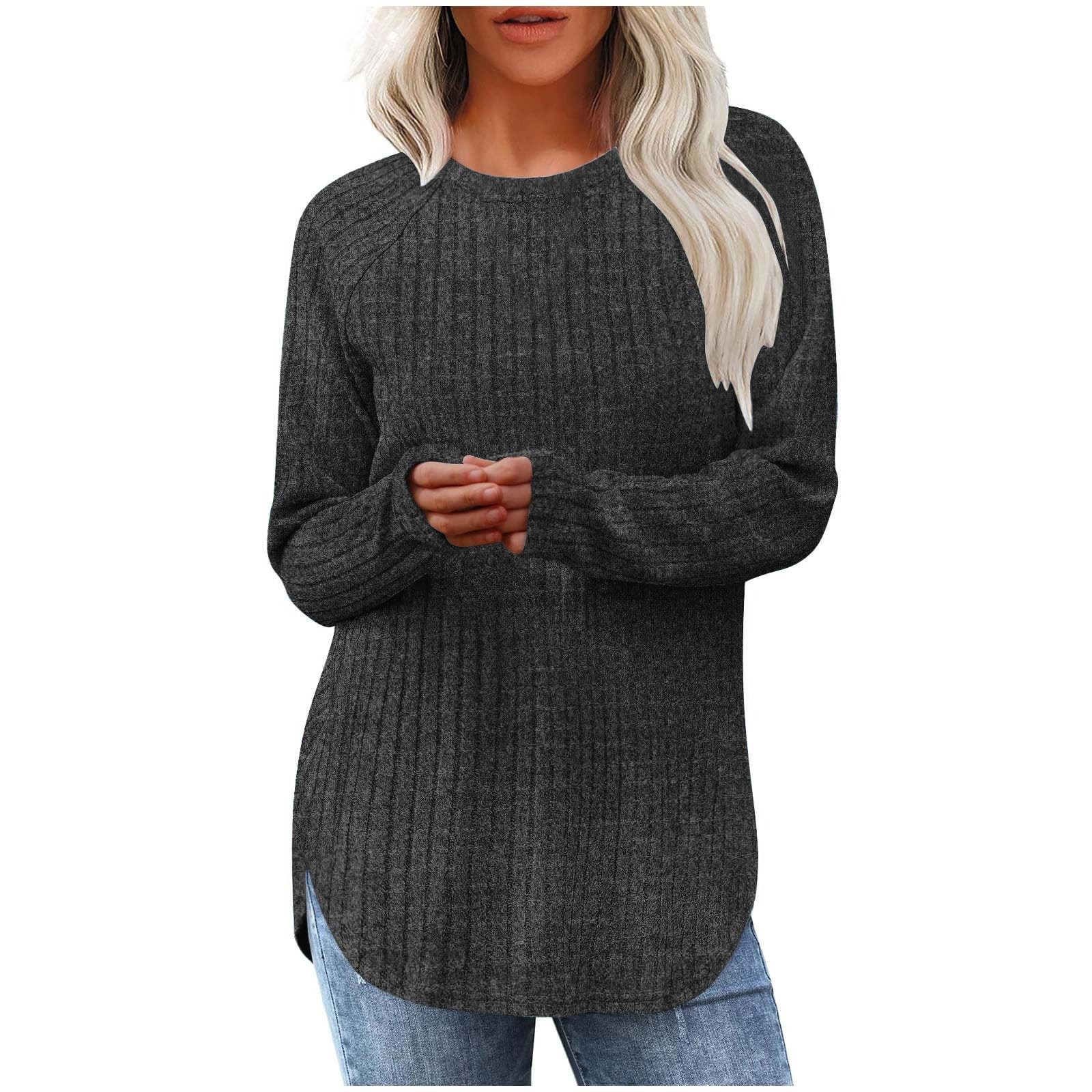 Sweat-shirts pour femmes à manches longues col rond pull décontracté solide tunique hauts femmes sweats femmes vêtements d'hiver liquidation: M / Gris foncé