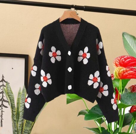 Retro japanilaistyylinen kukka neule neuletakit neulepusero naiset v kaula löysä elegaht paksu femme print lyhyt rento takki: Musta