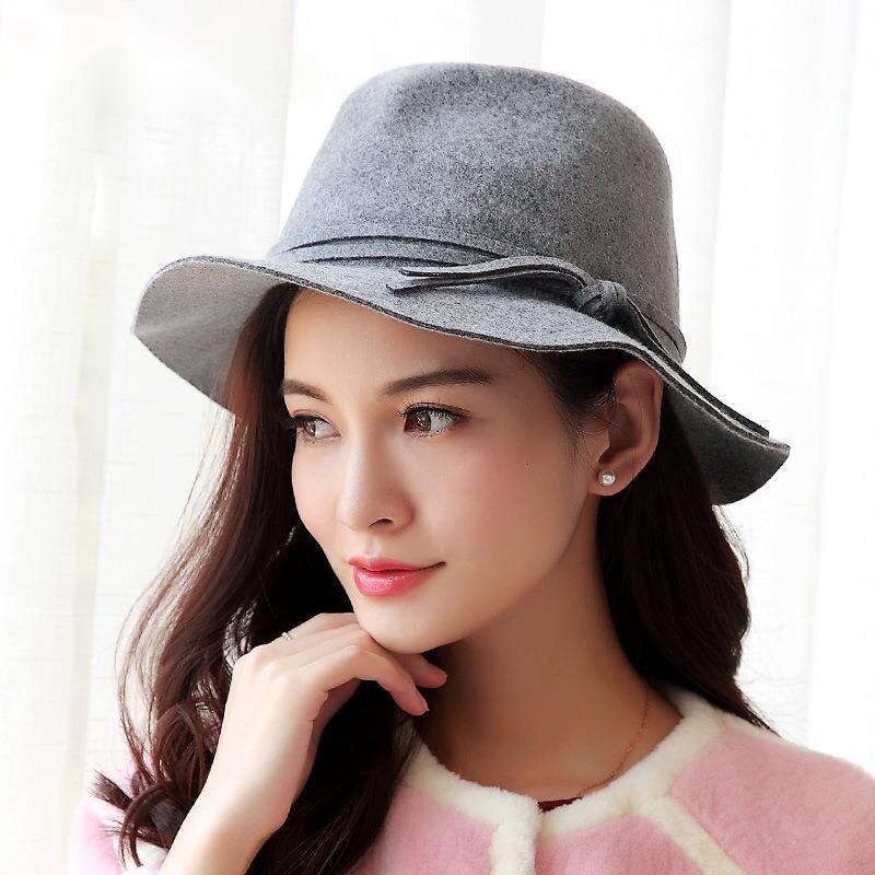 Lady 100% Wool Wide Brim Bucket Hat Woman Winter Felt Fedora 56-68CM: black