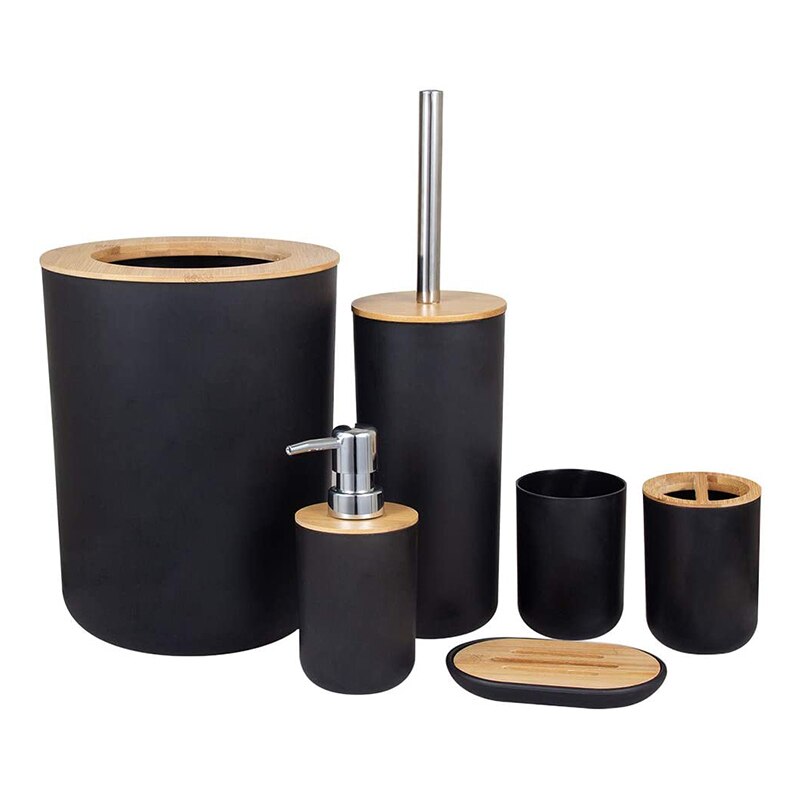 Bamboe Badkamer Accessoires Set Plastic Badkamer Kit Zeep Dispenser, Tandenborstel Beker, Zeepbakje, Toiletborstel Houder, prullenbak: Black 6pcs C