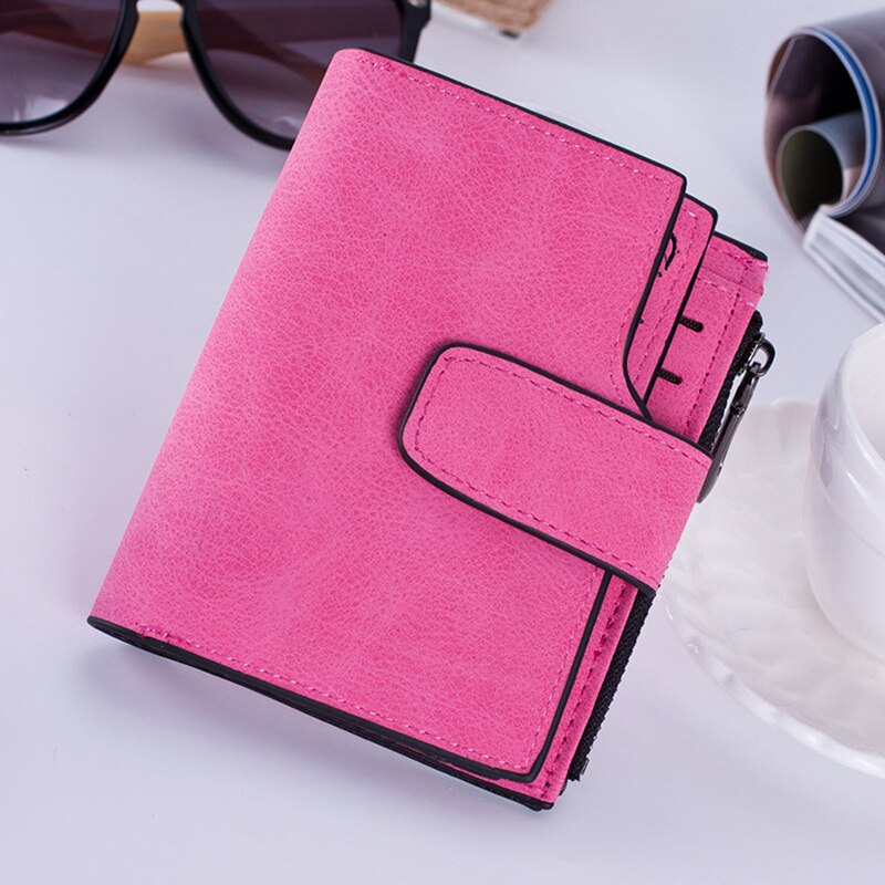 Small Female Purse Short Purse Lady Letter Snap Fastener Zipper Short Clutch Wallet Solid Vintage Matte Women Wallet: Rose red