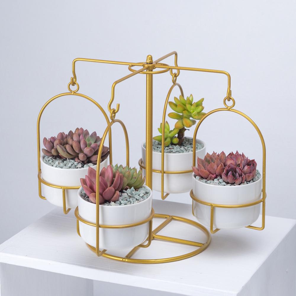 Eenvoudige En Creatieve Carrousel Ronde Keramische Succulent Bloempot Combinatie Bloempot Ijzeren Frame Set