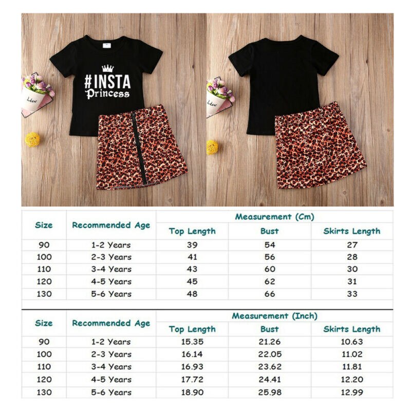 1-6Y Peuter Kids Baby Meisje Brief Korte Mouw Tops T-shirt Luipaard Rits Mini Rokken Zomer Outfits Meisje Kleding 2 Stuks set