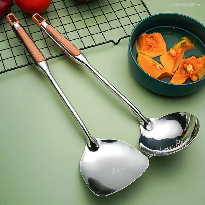 Espátula de Wok de acero inoxidable con mango largo, cuchara de arroz ranurada, cucharón, juego de utensilios de cocina,