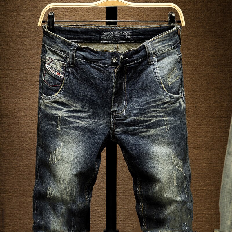 Heren Donkerblauwe Jeans Broek Denim Slim Fit Elastische Casual Punk Jeans Mannen High Street Vintage Gekrast Mode Zakken