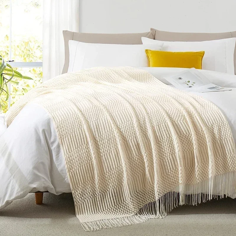 Weiße Boho-Überwurfdecken, strukturierte große Strickdecken, klobige Jahrgang-Luxus-Überwurf-Tagesdecke, Deckenbezug, Manta Para Sofá