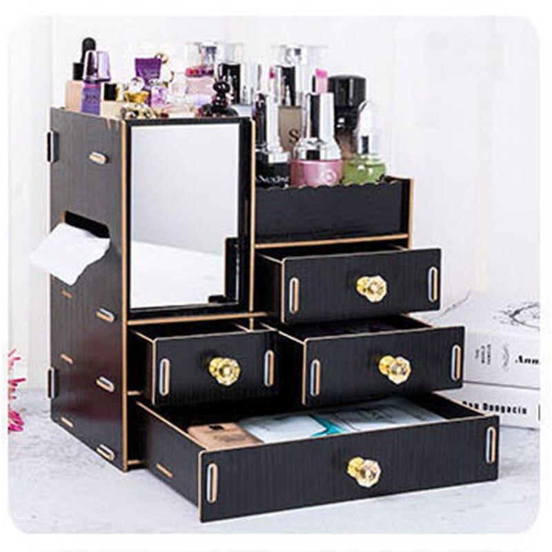 Organizador de maquillaje de madera con espejo, cajón de escritorio, organizador de cosméticos para mujer, tocador, lápiz labial, Perfume, caja de almacenamiento de joyería: Black