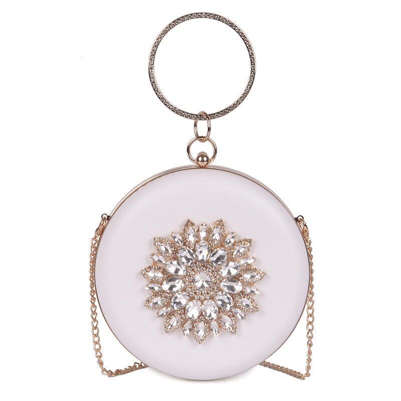 Pochette de soirée femme pochette blanche fleur de soleil cristal sacs à main ronds de luxe sac à main de mariage sac à bandoulière de fête ZD1528: White