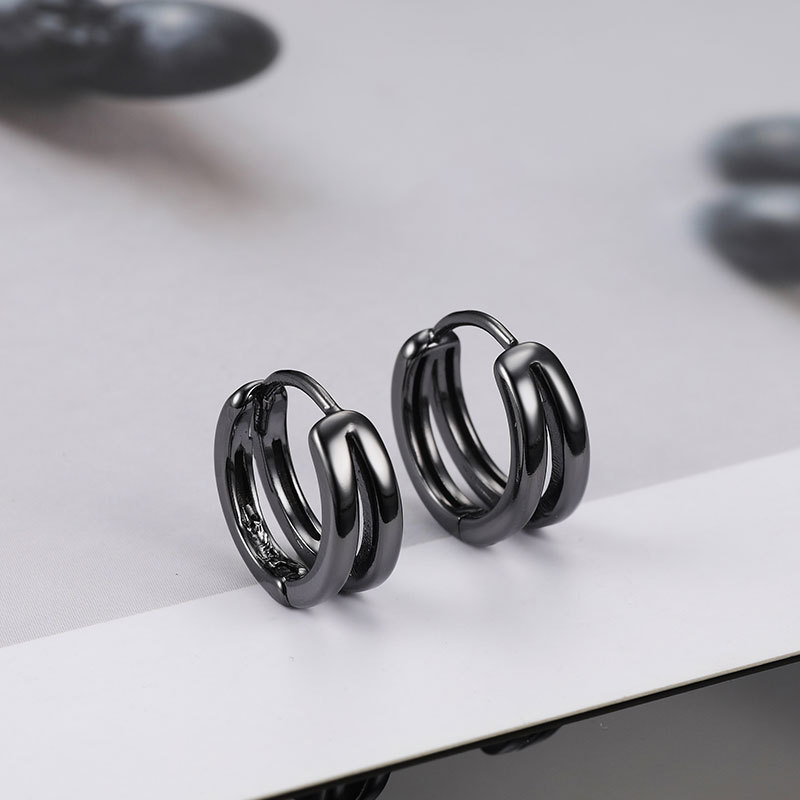 1 Pair Hollow Double Ring Small Hoop Earrings For Men Women Trend Black Silver-color Hip Hop Party Gothic Ear Jewelry
