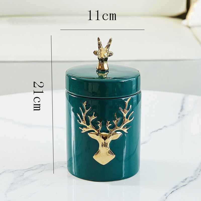 European-style Ceramic Deer Head Storage Jar Green Golden Deer Decoration Household Candy Jar Kitchen Storage Container: small