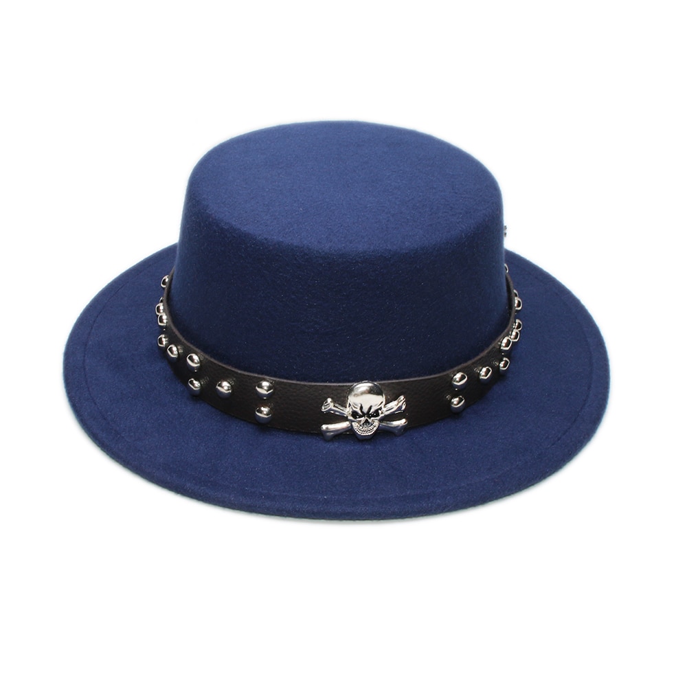 Retro dödskalle läderband förälder-barn unisex /barn ull bred brätte fedora fläskpaj fläsk-paj hatt bowler rund keps  (57cm/54cm): Marin / Vuxen storlek 57cm