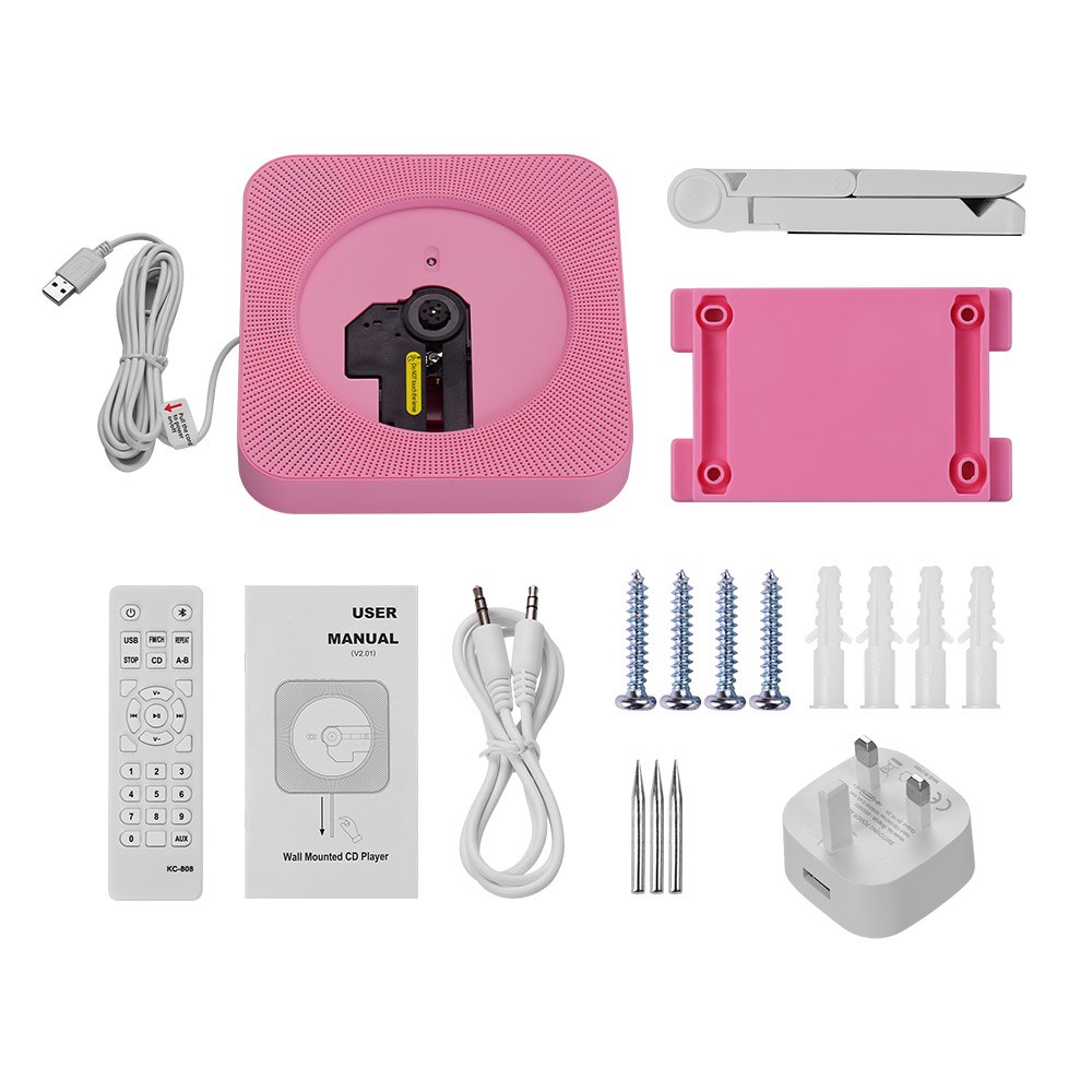 Portable wall-mounted CD player music amplifier audio with remote control support BT / USB / FM mode multiple models plug: Pink  UK Plug