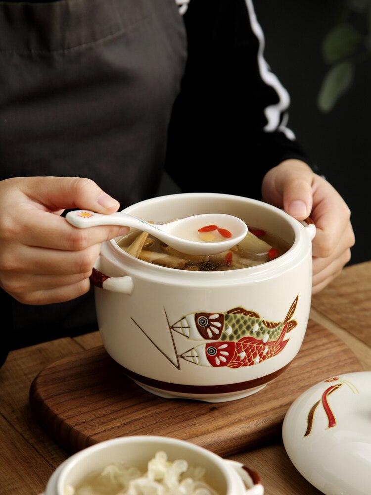 Japanese Hand-painted Ceramic Stew Pot With Lid Spoon Fish Flower Pattern 1L Soup Pot Household Dessert Tank