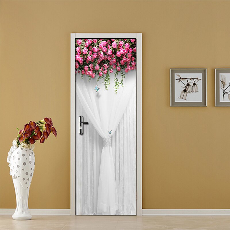DIY Self-adhesive Tür Aufkleber PVC Wandbild Rosa Blumen Weiß Silk Hochzeit Wohnzimmer Schlafzimmer Wasserdichte Tür Dekoration Tapete
