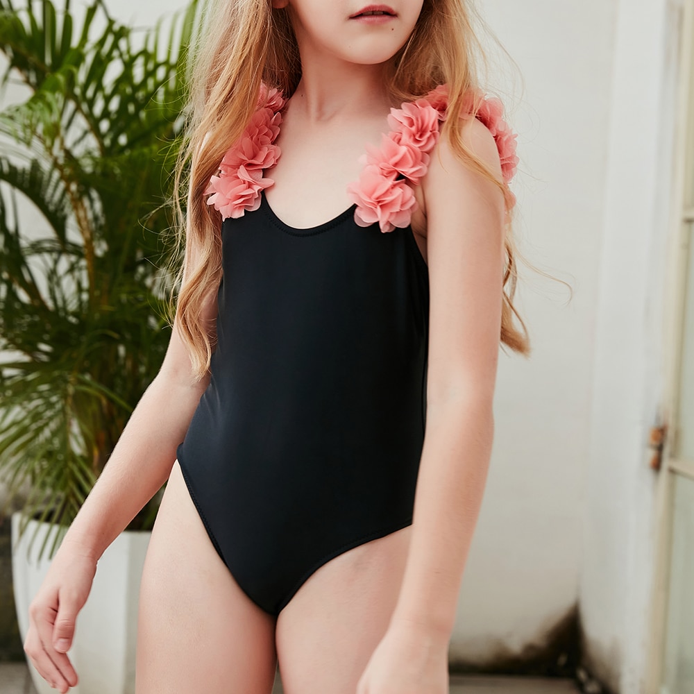 Ét stykke badedragt børn piger biquini vintage solid blomster sort sommer strandtøj til ~ år gammel – Grandado