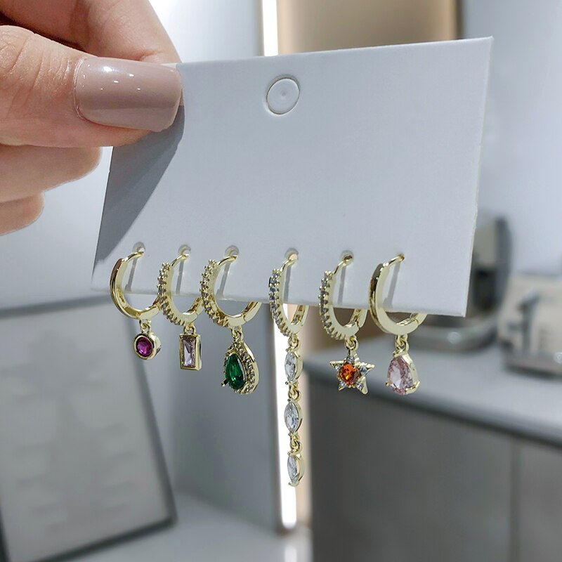 Anenjery Zilveren Kleur Koper Gekleurde Zirkoon Water Ster Kwastje Oorbellen Voor Vrouwen Shiny 6 Stuk Oorbel Set Sieraden