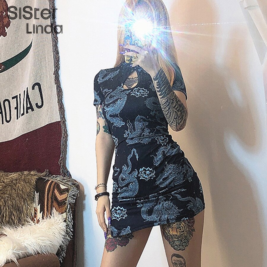 Siserlinda-Mini robe moulante imprimée Dragon, tenue femme, manches courtes, Cheongsam ajourée,