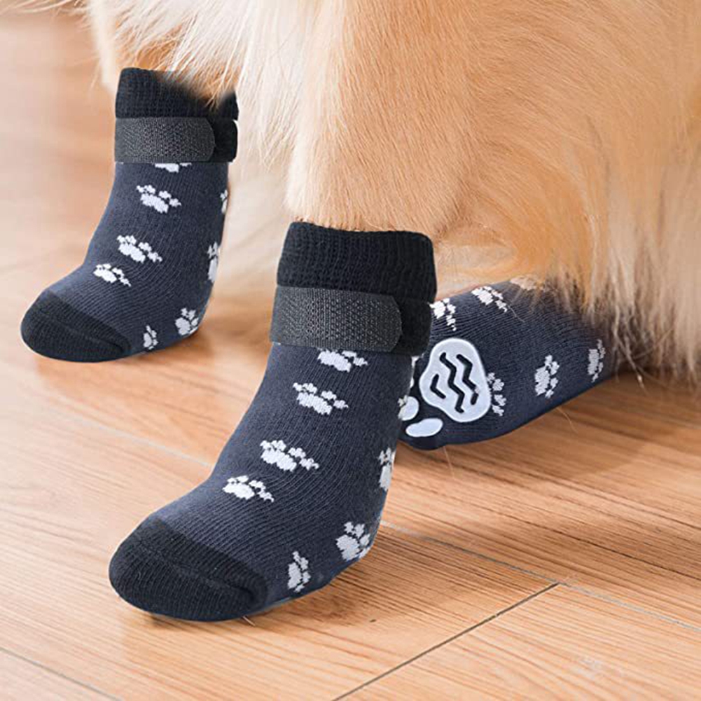 Chaussettes antidérapantes pour chien, 4 pièces, protection des pattes, contrôle de Traction, vêtements d'intérieur réglables, chaussettes tricotées pour animaux de compagnie avec renfort en caoutchouc