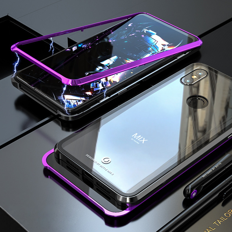 Magnetic Adorption Metal Bumper Glass Case For coque Xiaomi Mi Mix 3 Case Shockproof Hard Back Glass Cover For Xiaomi Mix3 Case: Black Purple / No Retail Box