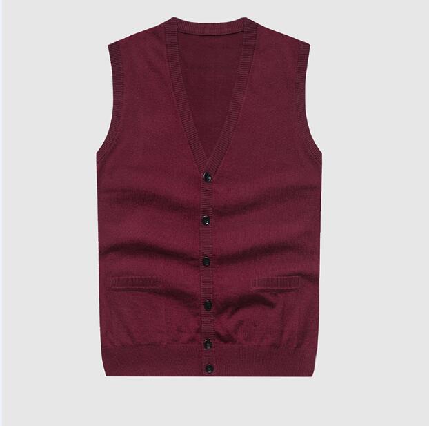 Cardigan sans manches en laine tricotée pour homme, couleur unie, simple boutonnage, gilet en cachemire: Rouge / S