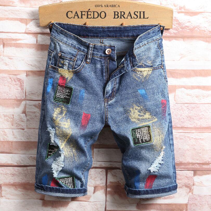 Summer Light Blue Shorts Jeans For Man Good Stretch Fit Denim Shorts Male Holes Knee Length Jeans Shorts 38