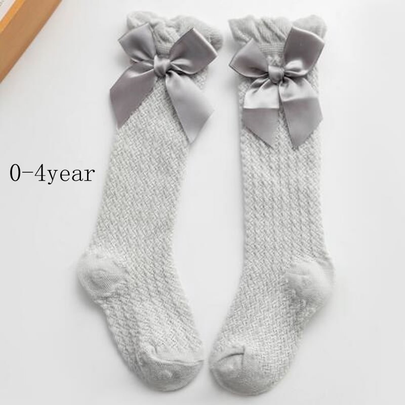 Baby Meisjes Sokken Knie Hoge Sokken Prinses Met Bogen Meisje Schattige Baby Sok Katoen Lange Buis Boog Strepen Kinderen Sokken: gray knee mesh bow