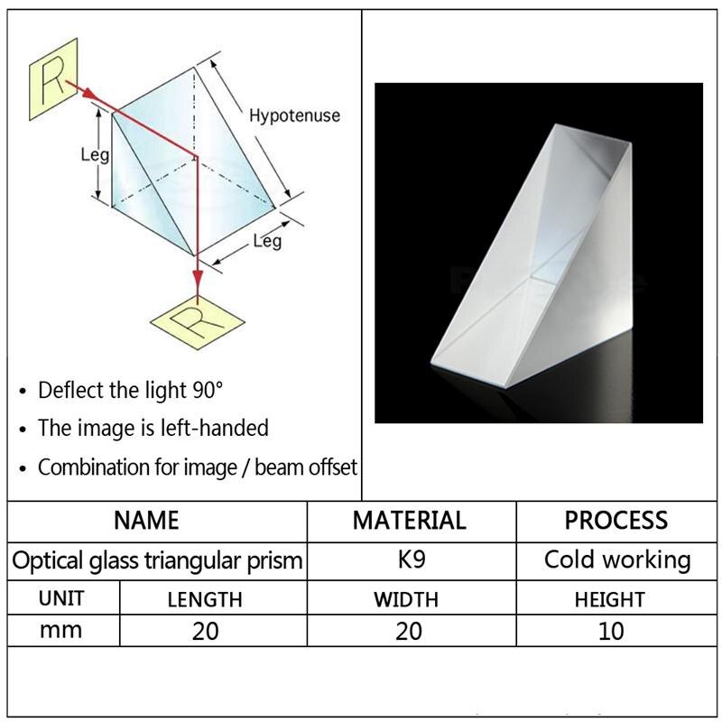20x20x10mm Optical Glass Triangular Lsosceles Right Angle K9 Prism Lens Light Spectrum Physics Optics