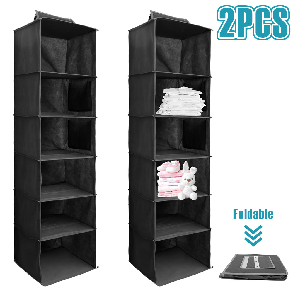 Organizador de almacenamiento de armario colgante, tela no tejida, plegable, 6 estantes, almacenamiento de ropa con bolsillos laterales e inserciones de bambú, 2 uds.
