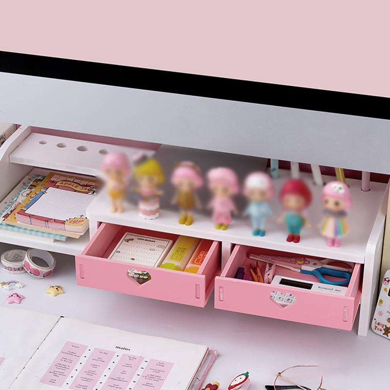 Blue Pink Monitor Laptop Stand Monitor Support Computer Stand PVC Wood Monitor Riser Desktop Shelf 3 Drawers Screen Riser Holder