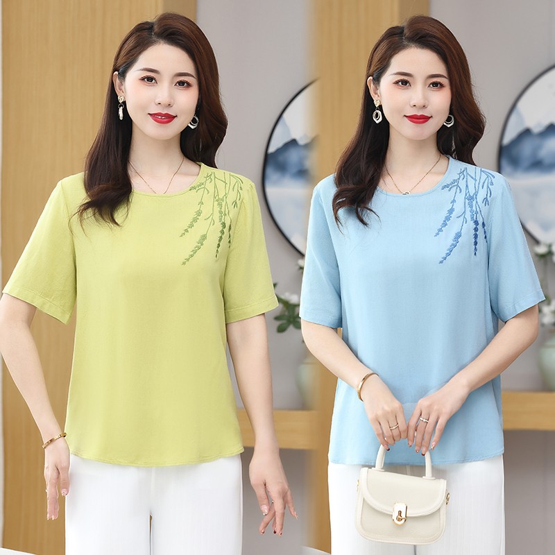 Women's Summer Style Retro Solid Color Round Neck Embroidered Cotton Hemp Button Short Sleeve Loose T-shirt Top