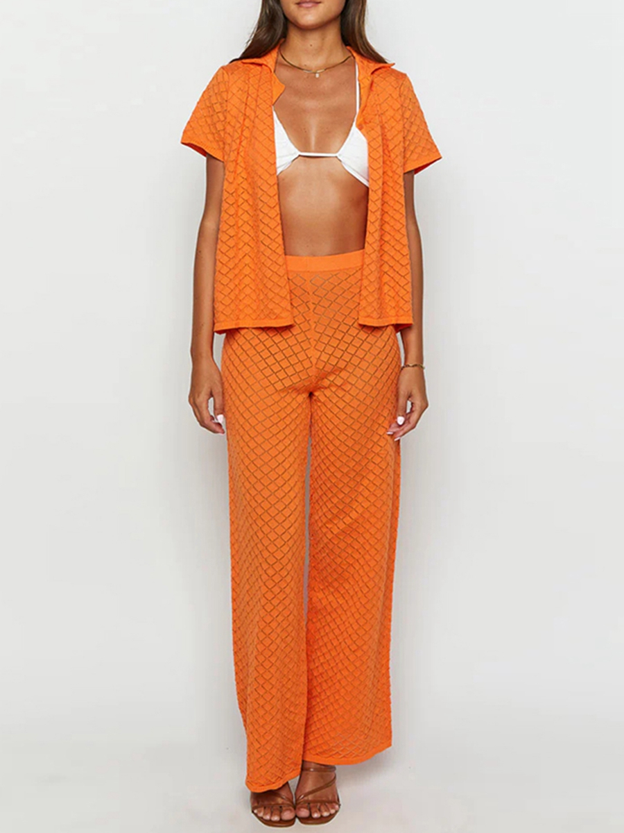 Dame s 2- delt striksæt med reversudskæring, korte ærmer, toppe med knapper + elastisk talje, vide ben, ensfarvet, outfits orange
