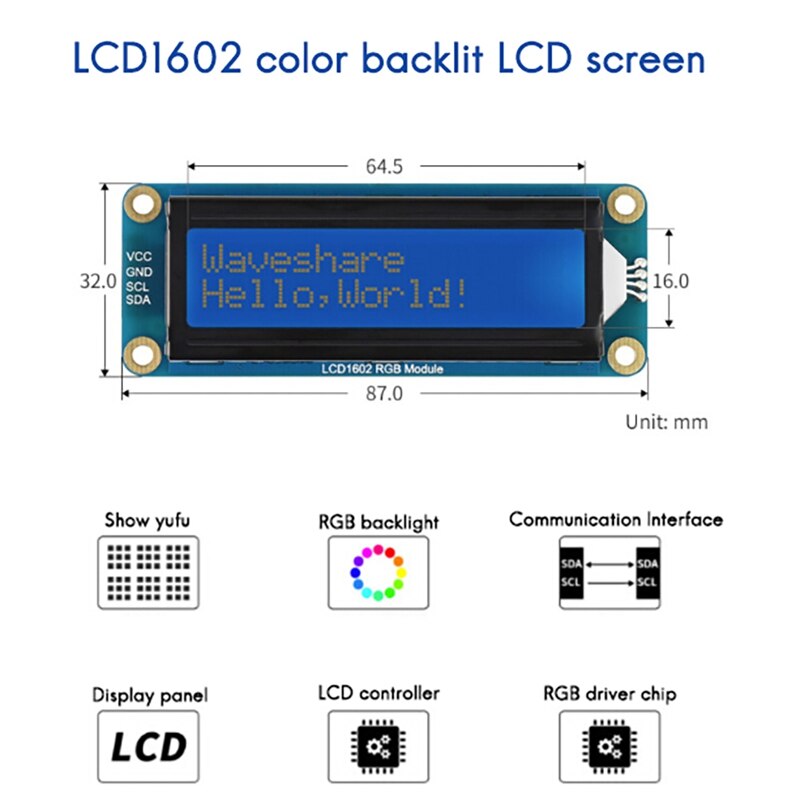 Waveshare LCD Display LCD1602 32 Characters 3.3V/5V Power Supply Color Backlit LCD Display for Raspberry Pi/ Pi Pico Etc