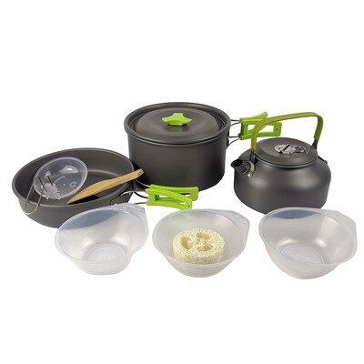 Falten Aluminium draussen Camping Kochgeschirr einstellen Tragbare Cookset Leichte Picknick Wasser Wasserkocher Topf Pfanne Schüssel Löffel Bausatz Mit Gittergewebe: Grün mit Utensilien