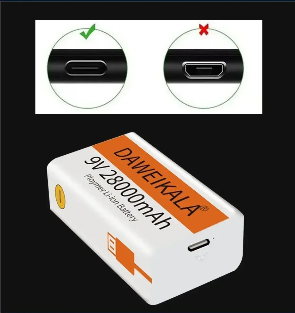 9V battery 28000mAh li-ion Rechargeable battery Type-C Battery 9v for Multimeter Microphone Toy Remote Control KTV use