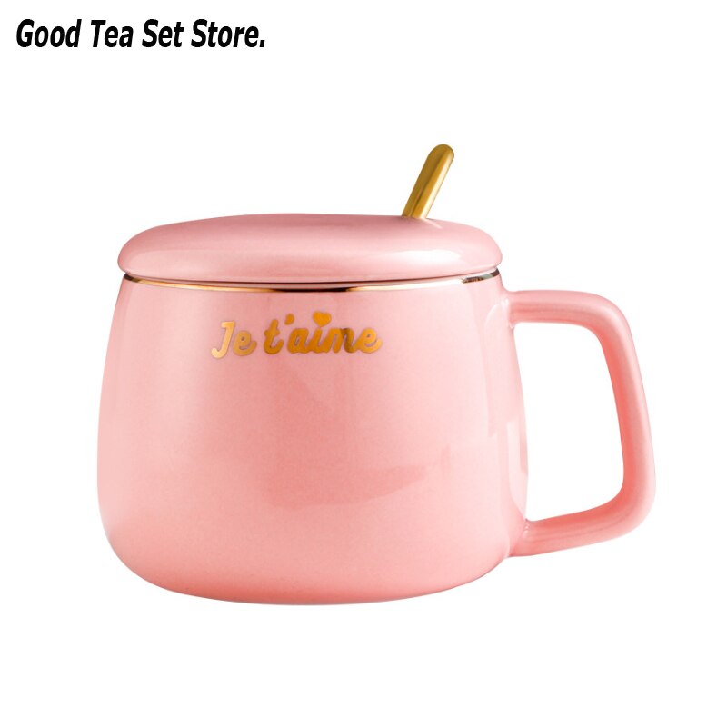 Cute Pink Ceramic Coffee Mugs with Cover Lid Spoon Porcelain Handle Milk Tea Girl Student Cup Lovers Teacup Mug 250ML: Default Title