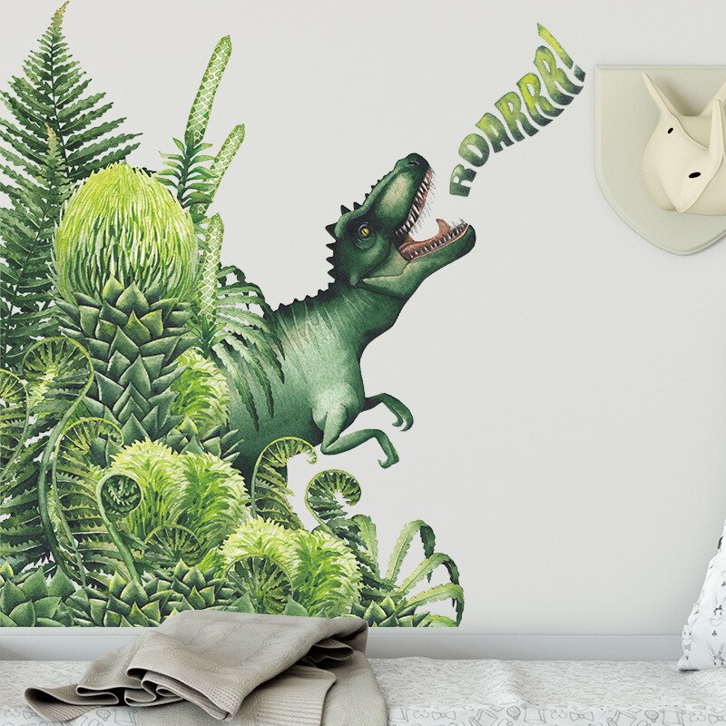 Tropical Green Plant Dinosaur Wall Stickers Children's Bedroom Wall Stickers Nursery Dinosaur Wall Decoration Art Wallpaper