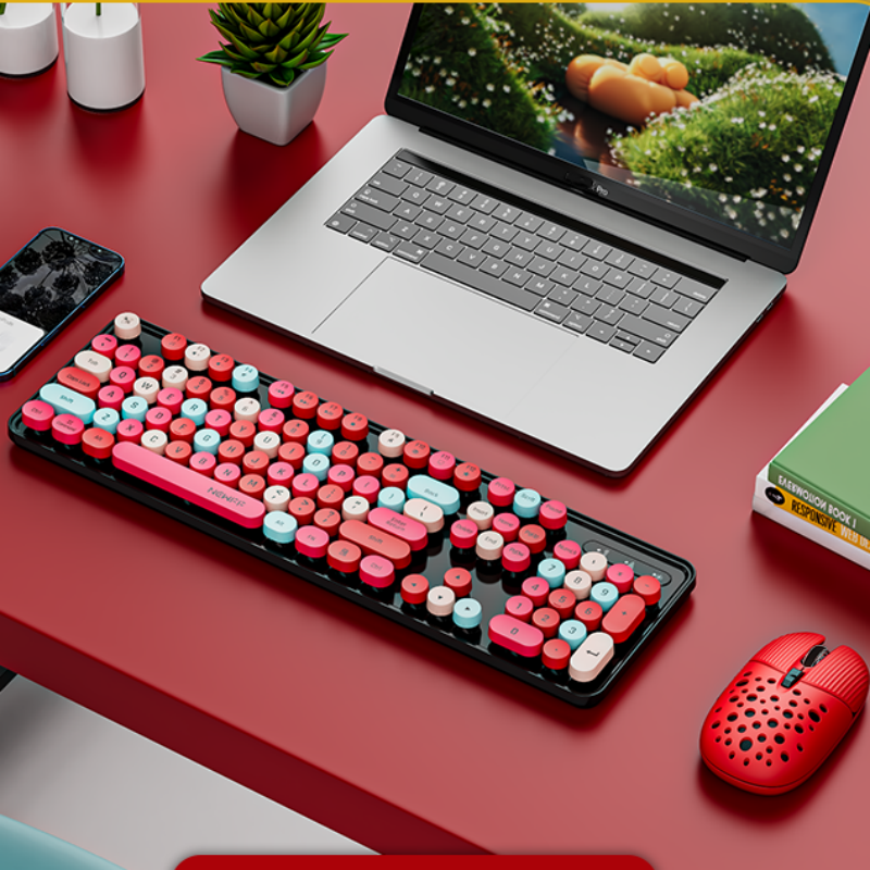 Urocza 104-klawiszowa Retro Okrągła Klawiatura Bezprzewodowa 2.4G Gamingowa Klawiatura i Mysz Combo Ergonomiczna Klawiatura z Klawiszami Multimedialnymi