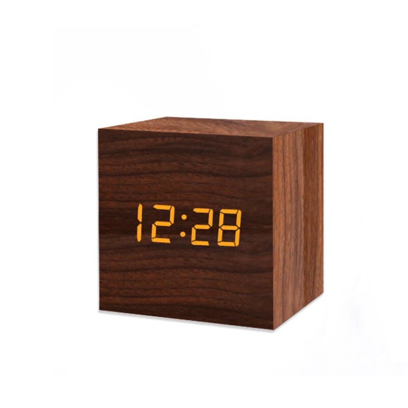 Alarm Clock LED Wooden Watch Table Voice Control USB/AAA Powered Digital Desktop Clocks Home Decor: Brown A