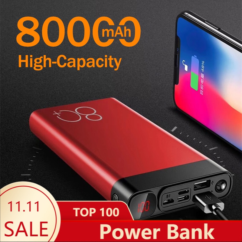 80000 mah power bank snabbladdning 2 usb stor laddning bärbar powerbank för samsung xiaomi mi iphone