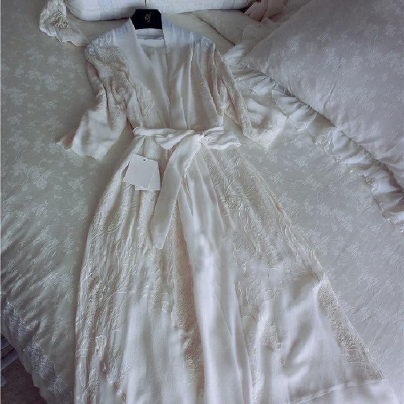 Babie lato damska luksusowe głębokie V miękki jedwab szaty rękaw 3/4 kwiatowy koszule nocne ubrania domowe 032