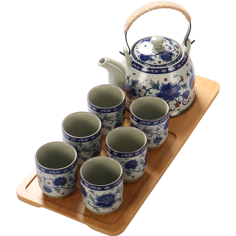 Kinesisk stil jingdezhen keramisk tekanna tekopp stor blå blomma porslinskanna filtrerad teflaska set hem te träbricka