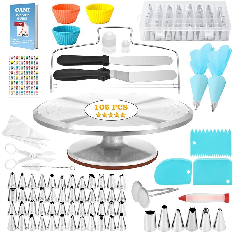 106-Piece Cake Tools Cake Decorating Supplies Kit Piping Bag Aluminum Turntable Russian Nozzle Reusable Cake Tools Set