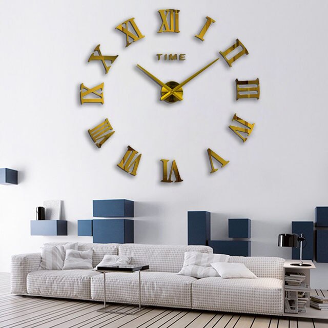 Muhsein Europese Stijl Diy Wandklok Moderne Romeinse Cijfers Klokken Grote Maat Muursticker Horloge Unieke Woondecoratie: Gold / 37 INCH