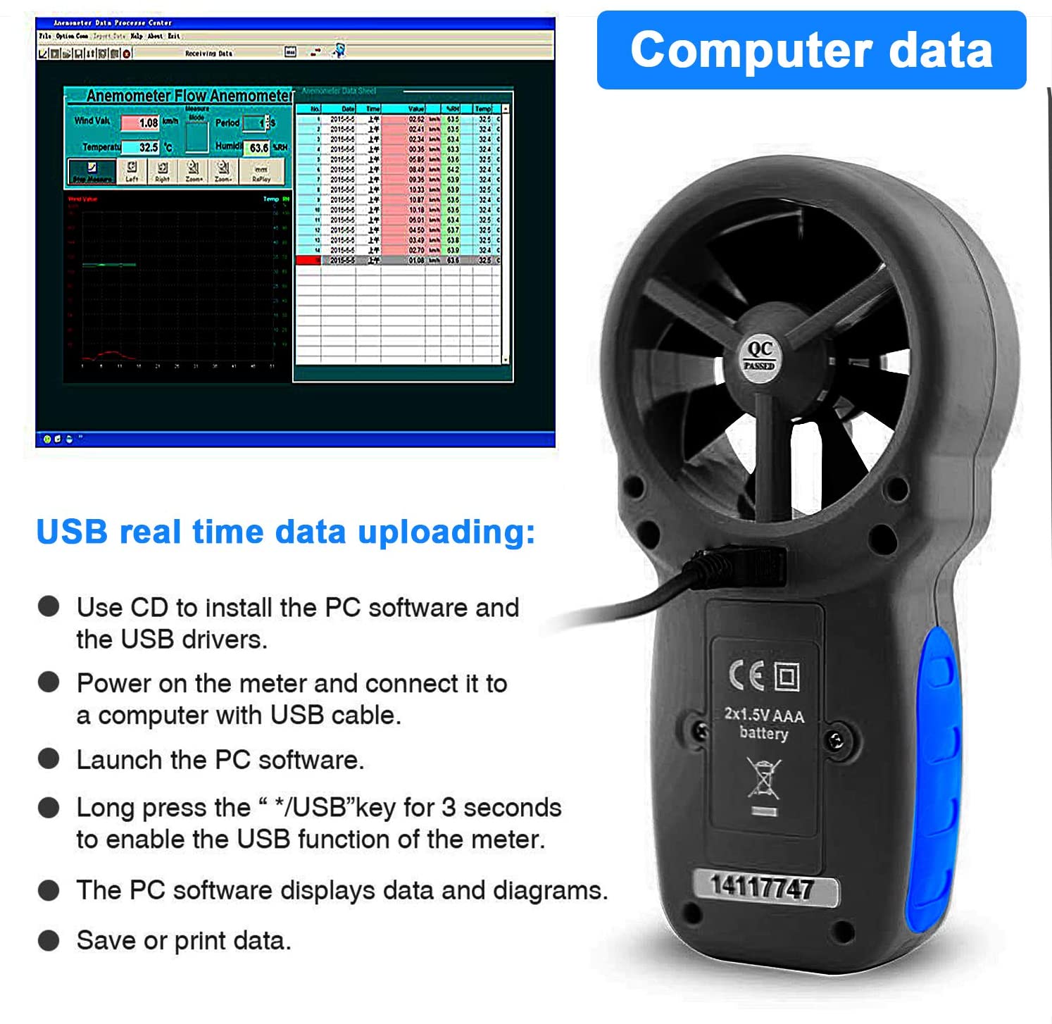 HoldPeak 866A Digital Anemometer - Wind Speed Meter Measures Wind Speed,Temperature,Wind flow with Data Hold &amp; USB