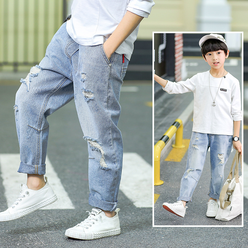 Crianças jeans meninos adolescentes outono clássico calça longa moda buraco denim calças jeans criança casual para meninos roupas 10 anos 6-14y