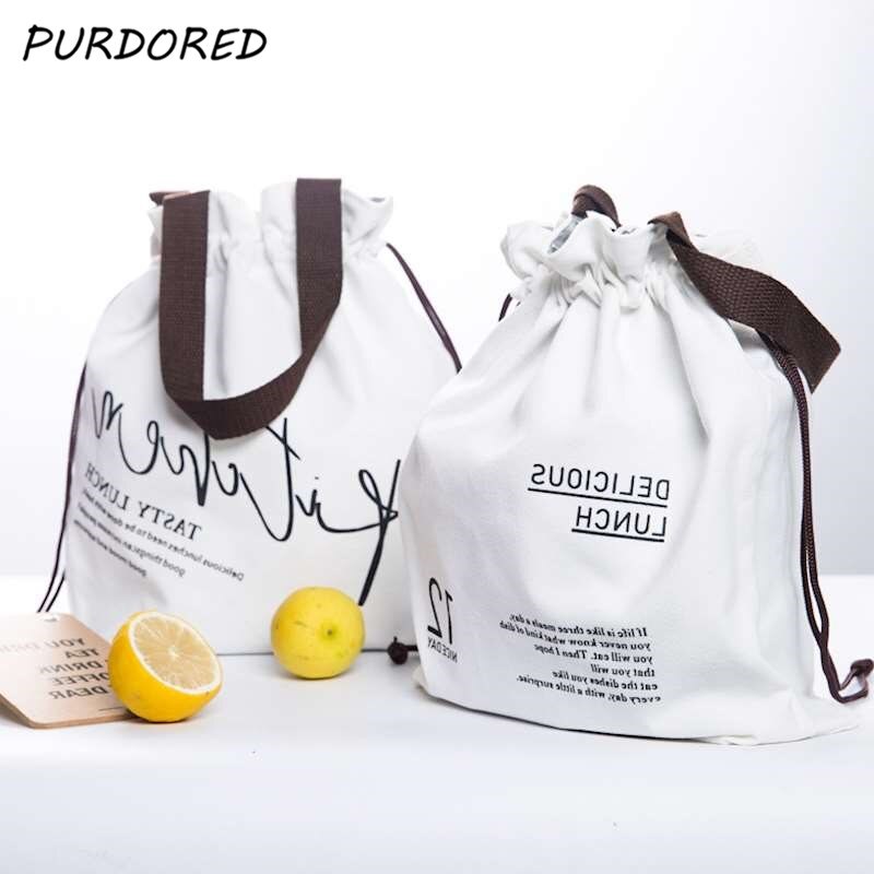 PURDORED 1 Pc Weiß Buchstaben Isolierte Mittagessen Taschen Thermal Isolierte Lunch Box Tasche Lebensmittel Picknick Tasche Kühler Bento Tasche für kid Tote