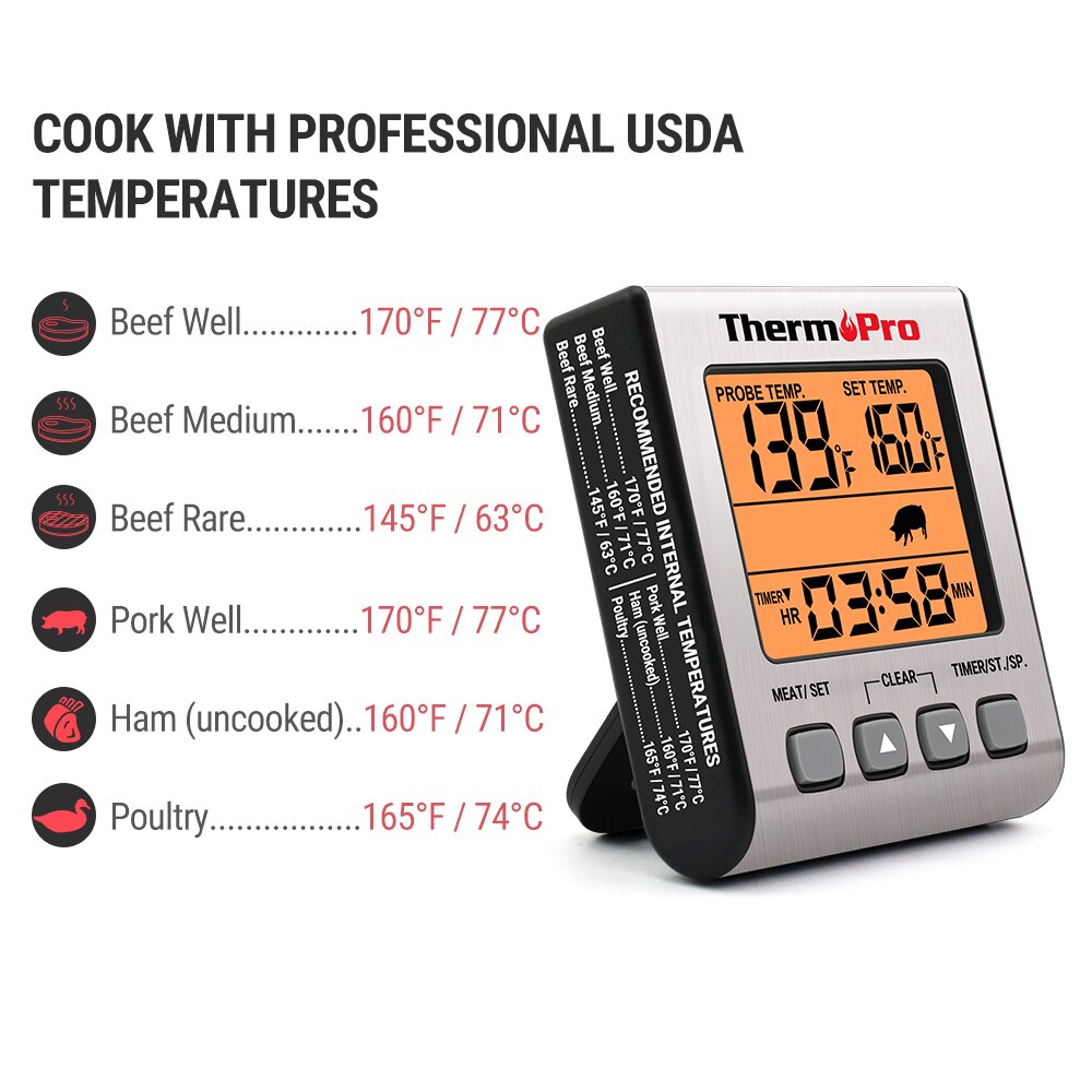 ThermoPro TP16S Digital Oven Thermometer Kitchen Meat Thermometeer With Timer Backlight BBQ Thermometer